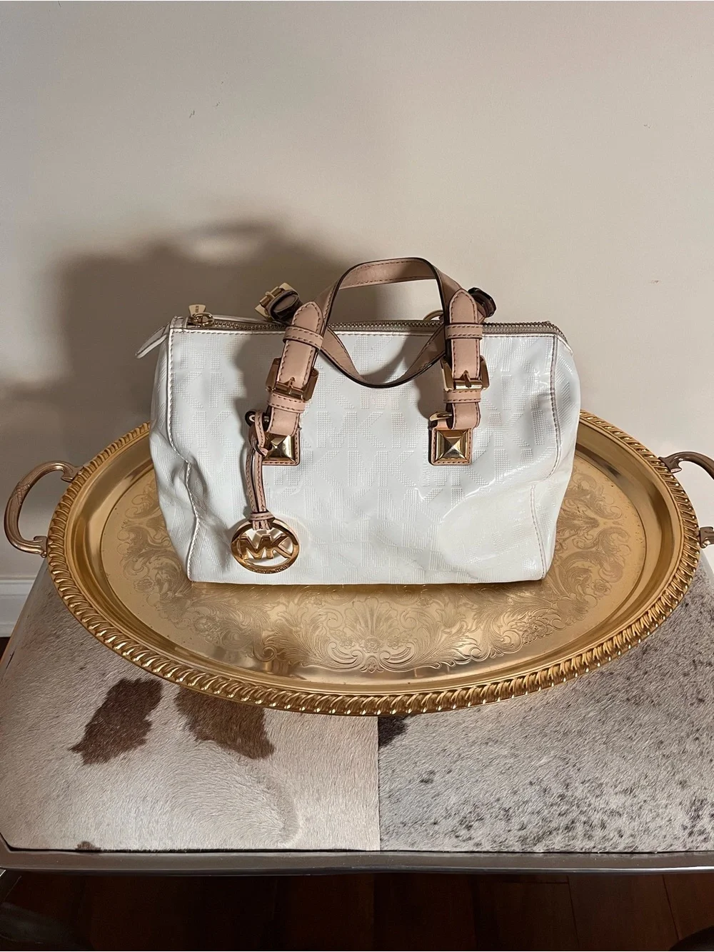 Michael Kors White Satchel with Blush Trim and Gold Hardware